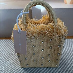 Pamela Munson Natural Straw Mini Tote with Crystal Studs